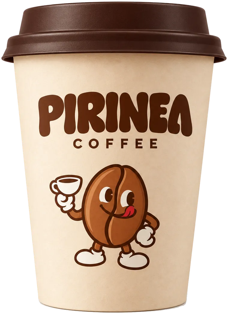 Vaso de Pirinea Coffee con el logotipo y la mascota.